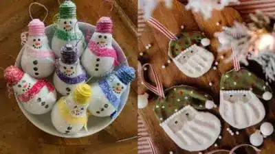DIY Christmas ornaments crafted from light bulbs and salt dough featuring snowmen and Santa faces, displayed on a wooden table.
