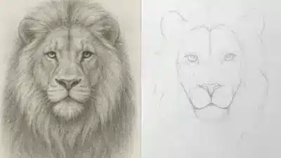 Detailed lion pencil drawing next to its outlined sketch, showing artistic process and creativity.