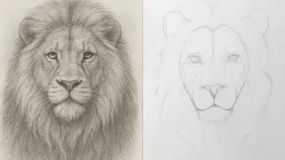 Viewing-Deck-Blog-2025-12-21T162543461 Detailed lion pencil drawing next to its outlined sketch, showing artistic process and creativity. | Sky Rye Design Detailed lion pencil drawing next to its outlined sketch, showing artistic process and creativity.