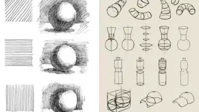 Sketches demonstrating shading techniques and 3D object drawing, including spheres, cylinders, and various geometric shapes for art practice.