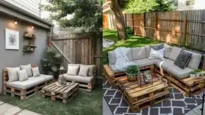 Cozy outdoor patio with DIY pallet furniture, cushions, and decor under a wooden fence. Perfect for relaxing and enjoying the garden space.