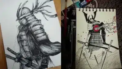 Black ink sketches of samurais in armor, one striking a pose with swords, the other facing forward with arrows.