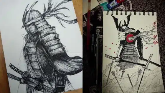 Viewing-Deck-Blog-2025-12-23T112917299 Black ink sketches of samurais in armor, one striking a pose with swords, the other facing forward with arrows. | Sky Rye Design Black ink sketches of samurais in armor, one striking a pose with swords, the other facing forward with arrows.