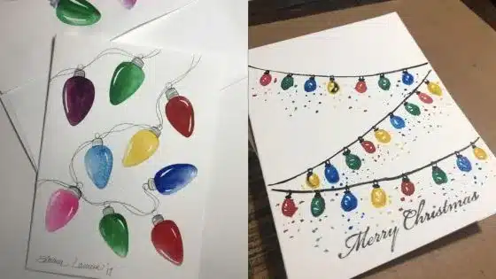 Hand-painted Christmas cards with colorful string lights and Merry Christmas greeting. Perfect for festive holiday cheer.