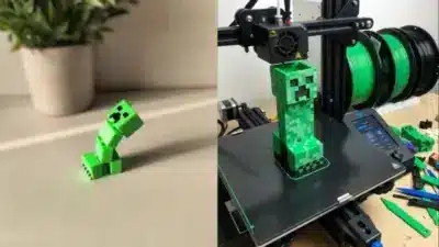 3D-printed green block character figure standing and being printed on a 3D printer, illustrating creative project possibilities.