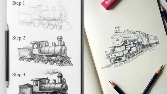 Viewing-Deck-Blog-2026-01-07T203752879 How to draw a train easy step by step, featuring three stages of pencil drawing, complete with an eraser and pencils on a sketchpad. | Sky Rye Design How to draw a train easy step by step, featuring three stages of pencil drawing, complete with an eraser and pencils on a sketchpad.