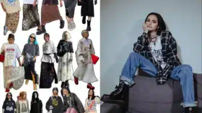 Trendy fashion collage with diverse styles on the left; individual in grunge outfit sitting on a couch on the right.