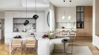 Modern kitchens with marble countertops, pendant lights, and wooden accents. Sleek design enhances functionality and style.