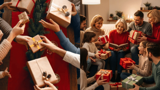 Family exchanging gifts by the Christmas tree, sharing joy and presents, creating festive holiday memories together at home.