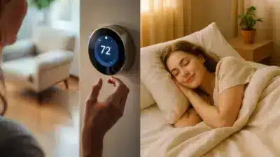 Smart thermostat set to 72 degrees, enhancing home comfort as a woman sleeps peacefully in a cozy, warmly lit bedroom.