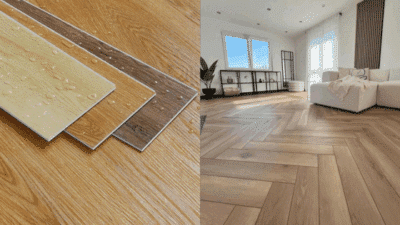 Variety of laminate wood flooring options and a modern living room with parquet flooring and a white sofa.