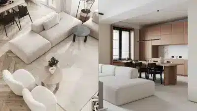 Modern minimalist living and dining spaces with neutral tones, featuring a white sofa, chic chairs, and wooden accents for a cozy ambiance.