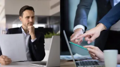 Business professional analyzing report at desk; colleagues collaborating on laptop, pointing at screen.