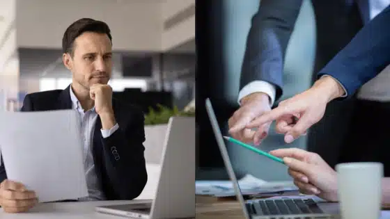 Viewing-Deck-Blog Business professional analyzing report at desk; colleagues collaborating on laptop, pointing at screen. | Sky Rye Design Business professional analyzing report at desk; colleagues collaborating on laptop, pointing at screen.