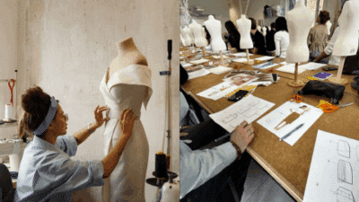 Fashion designer creating a dress on a mannequin; sewing class with students sketching and tailoring mannequins lined on a table.