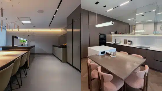 Viewing-Deck-Blog Modern kitchen interiors with sleek cabinets, elegant lighting, and spacious dining areas showcasing contemporary design elements. | Sky Rye Design Modern kitchen interiors with sleek cabinets, elegant lighting, and spacious dining areas showcasing contemporary design elements.