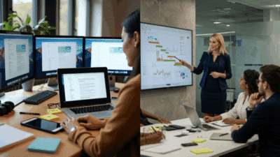 Team collaborating on digital project: one member on laptops, others in meeting with a presentation, highlighting data analysis.