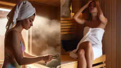 Two women relaxing in a sauna, one pouring water on rocks, the other sitting with a towel, enjoying the soothing steam environment.