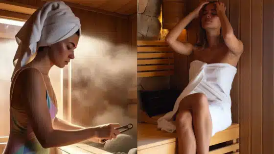 Viewing-Deck-Blog Two women relaxing in a sauna, one pouring water on rocks, the other sitting with a towel, enjoying the soothing steam environment. | Sky Rye Design Two women relaxing in a sauna, one pouring water on rocks, the other sitting with a towel, enjoying the soothing steam environment.