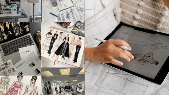 Fashion design process: sketches, digital illustrations, and a creative workspace. Fashion designer drawing on a tablet.