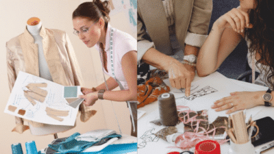 Fashion designers working on sketches and fabric samples, creating garment designs on a mannequin and collaborating on ideas.