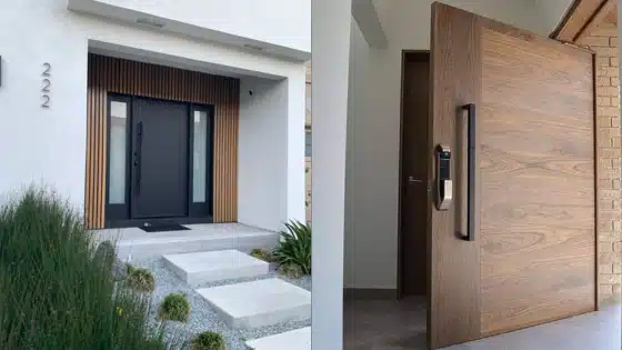 Modern front doors: one with a sleek black design and another with a large wooden panel, enhancing the entrance's aesthetic.