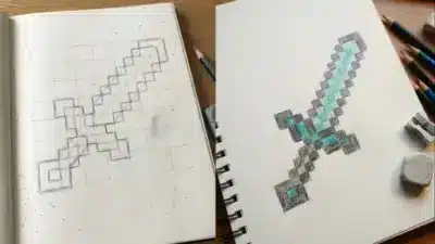 Pencil sketches of pixelated swords on grid paper, with a detailed, colored version on the right; eraser and pencils nearby.
