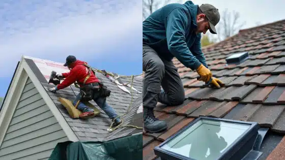 Viewing-Deck-Blog-_1_ Roofer in red and another in blue installing and inspecting asphalt shingles and skylight on a pitched roof. | Sky Rye Design Roofer in red and another in blue installing and inspecting asphalt shingles and skylight on a pitched roof.