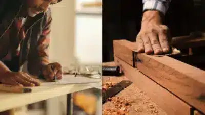 Man crafting furniture: sketching design and sanding wood, showcasing detailed woodworking skills and craftsmanship.