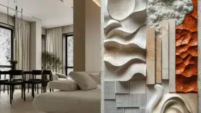 Modern living room with beige furniture, black chairs, and various texture samples on a panel, highlighting stylish interior design elements.