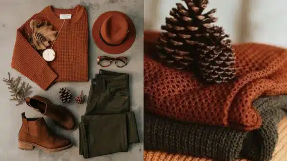 Viewing-Deck-Blog-_1_ Flat lay of autumn fashion items: brown sweater, green pants, leather boots, hat, and accessories, styled with pinecones. Cozy fall vibes. | Sky Rye Design Flat lay of autumn fashion items: brown sweater, green pants, leather boots, hat, and accessories, styled with pinecones. Cozy fall vibes.