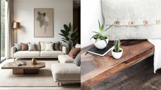 Viewing-Deck-Blog-_1_ Modern living room with beige sofas, abstract art, and plants. Cozy decor with cactus and pillows on a wooden bench. | Sky Rye Design Modern living room with beige sofas, abstract art, and plants. Cozy decor with cactus and pillows on a wooden bench.