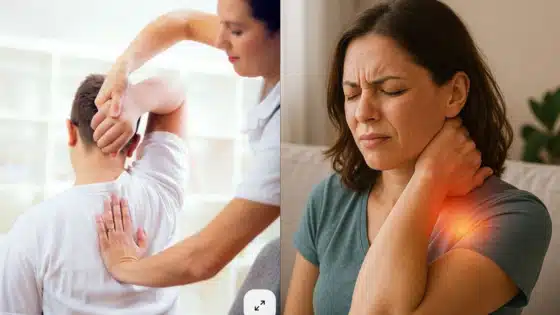 Viewing-Deck-Blog-_1_ Chiropractor adjusting a man's back and woman holding her aching neck, highlighting treatment and relief for neck and back pain. | Sky Rye Design Chiropractor adjusting a man's back and woman holding her aching neck, highlighting treatment and relief for neck and back pain.