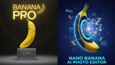 Digital art of Banana Pro and Nano Banana AI Photo Editor, featuring futuristic bananas with high-tech, glowing interfaces.