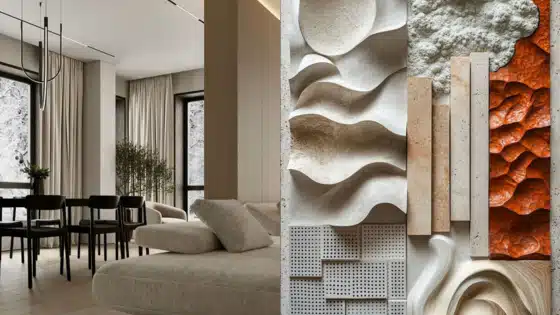 Viewing-Deck-Blog-_1_ Modern living room with beige furniture, black chairs, and various texture samples on a panel, highlighting stylish interior design elements. | Sky Rye Design Modern living room with beige furniture, black chairs, and various texture samples on a panel, highlighting stylish interior design elements.