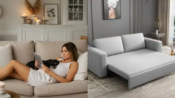 Viewing-Deck-Blog-_2_ Woman relaxing on a beige sofa with tablet and dog, next to a modern gray convertible sofa bed in a stylish living room setting. | Sky Rye Design Woman relaxing on a beige sofa with tablet and dog, next to a modern gray convertible sofa bed in a stylish living room setting.