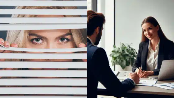 Viewing-Deck-Blog-_2_ Woman peeking through blinds; professional meeting with businesswoman and man at office desk, discussing documents. | Sky Rye Design Woman peeking through blinds; professional meeting with businesswoman and man at office desk, discussing documents.