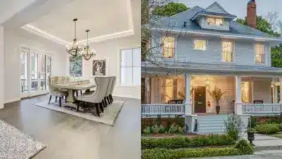 Elegant dining room with chandelier lighting and a grand view, alongside a classic two-story house with a welcoming porch and lush garden.