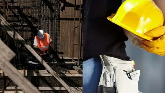 Viewing-Deck-Blog-_2_ Construction workers with safety gear at a site. One is working, while another holds a yellow hard hat and tool belt in focus. | Sky Rye Design Construction workers with safety gear at a site. One is working, while another holds a yellow hard hat and tool belt in focus.