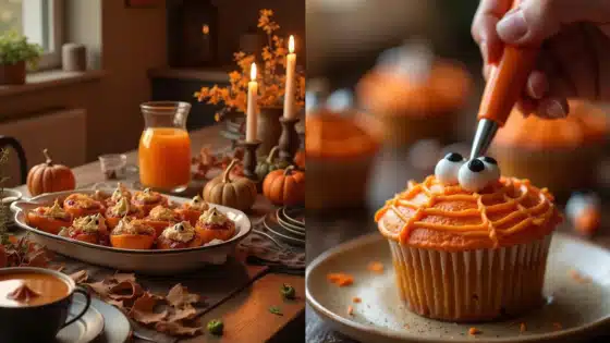 Viewing-Deck-Blog-_2_ Cozy autumn table with pumpkin treats and orange cupcakes. Hand decorates cupcake with frosting and candy eyes. Fall dessert ideas. | Sky Rye Design Cozy autumn table with pumpkin treats and orange cupcakes. Hand decorates cupcake with frosting and candy eyes. Fall dessert ideas.