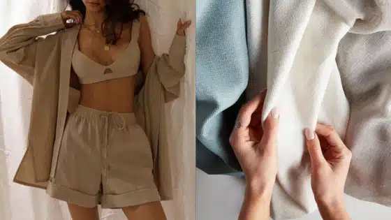 Woman in beige loungewear set next to hands feeling soft, textured fabric. Cozy, stylish clothing and quality material on display.