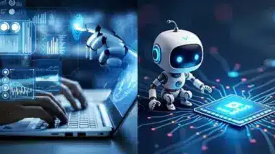 Futuristic AI technology: robotic hand interacts with laptop; small robot examines processor chip with circuits in digital setting.
