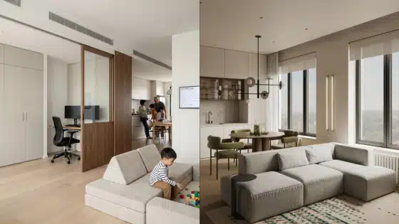 Viewing-Deck-Blog-_3_ Modern open-concept living room and kitchen with neutral tones, featuring a sectional sofa and large windows, highlighting family-friendly space. | Sky Rye Design Modern open-concept living room and kitchen with neutral tones, featuring a sectional sofa and large windows, highlighting family-friendly space.