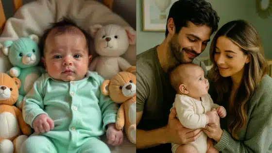 Viewing-Deck-Blog-_3_ Baby in green onesie with plush toys; family cherishes baby close in warm, tender moment at home. | Sky Rye Design Baby in green onesie with plush toys; family cherishes baby close in warm, tender moment at home.