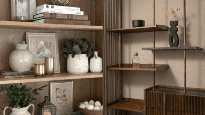Home decor shelves with books, vases, plants, and decorative items, showcasing a stylish and organized modern interior design.
