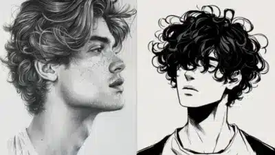 Side-by-side portraits of a real and an anime-style young man with curly hair, highlighting the contrast in artistic styles.