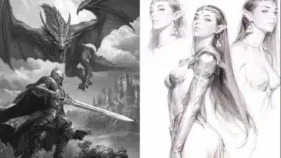 Fantasy artwork of a knight facing a dragon, with ethereal elves in the background, featuring a medieval castle and ethereal landscapes.