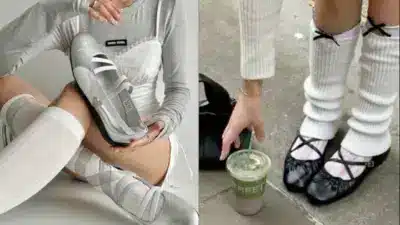 Fashionable ballet flats paired with white knee-high socks. Silver and black designs showcase versatile street and casual style.