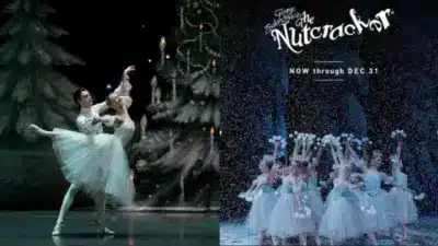 Ballet dancers perform in The Nutcracker with a festive backdrop, showcasing the production running now through December 31.