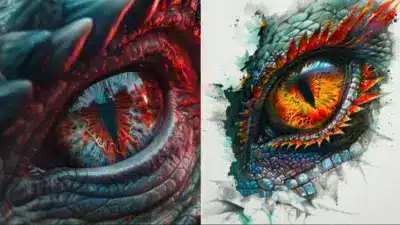 Close-up of two digitally illustrated dragon eyes, featuring vibrant red and orange scales, showcasing intense and mythical design elements.